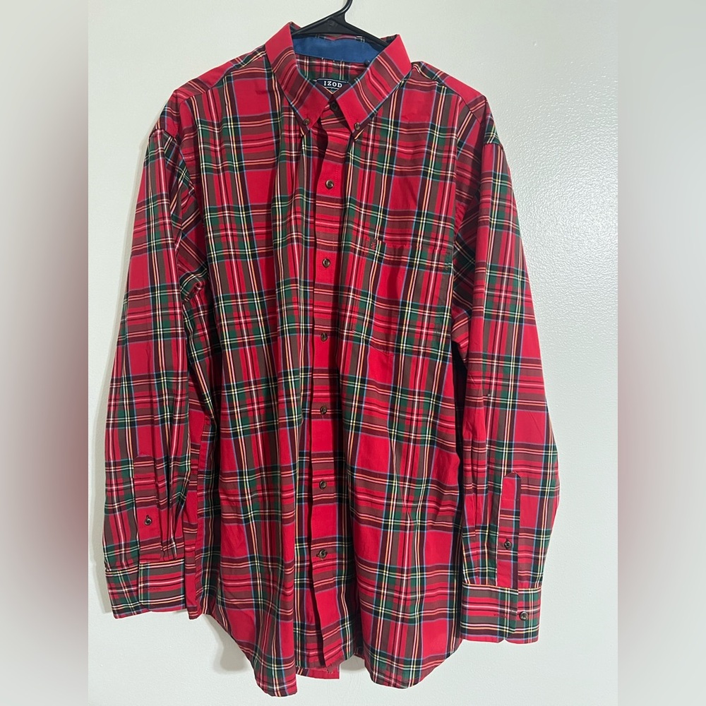 Izod Men's XL Vibrant Red Plaid Button Down Shirt